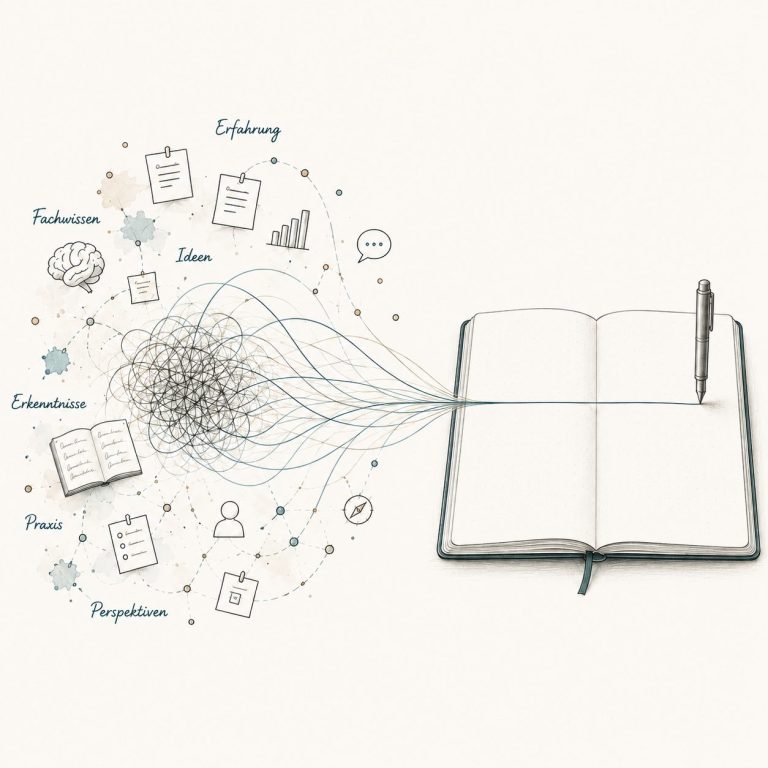 Von der Idee zum Buchkonzept Illustration zur Entwicklung eines Expertenbuchs: Fachwissen, Erfahrungen und Ideen werden zu einem klaren Buchkonzept zusammengeführt.